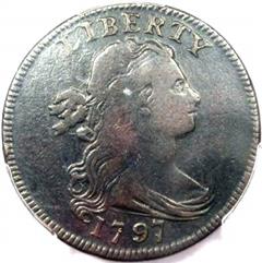 1797 US penny value, draped bust, reverse of 1795, plain edge