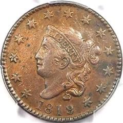 1819 USA penny value, coronet head, 9 over 8