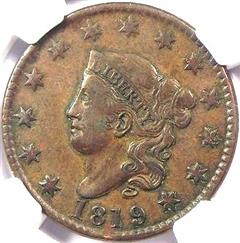 1819 USA penny value, coronet head, large date