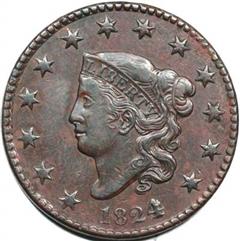 1824 USA penny value, coronet head, 4 over 2