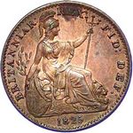 1825 UK farthing value, George IV, incuse midribs