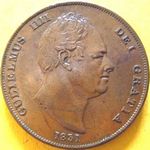 1831 UK penny value, William IV, .W.W on truncation