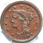 1847 USA one cent value, braided hair, large 47 over small 47