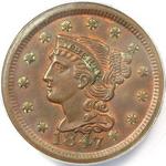 1847 USA one cent value, braided hair