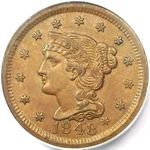 1848 USA one cent value, braided hair