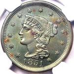1851 USA one cent value, braided hair
