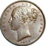 1853 UK farthing value, Victoria, young head, 3 over 2