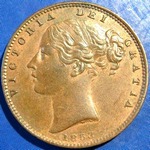 1853 UK farthing value, Victoria, young head, w.w. raised