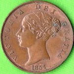 1857 UK halfpenny value, Victoria, young head, 7 incuse dots to shield