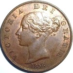 1858 UK halfpenny value, Victoria, young head, 8 over 7