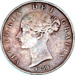 1859 UK halfpenny value, Victoria, young head, 9 over 8