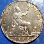 1863 UK halfpenny value, Victoria, bun head, large 3