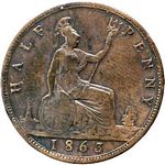 1863 UK halfpenny value, Victoria, bun head, small 3