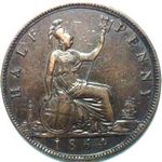 1864 UK halfpenny value, Victoria, bun head
