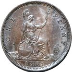 1864 UK penny value, Victoria, bun head, plain 4