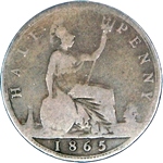 1865 UK halfpenny value, Victoria, bun head, 5 over 3