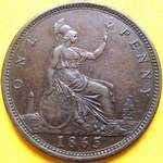1865 UK penny value, Victoria, bun head, 5 over 3
