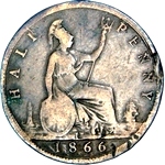 1866 UK halfpenny value, Victoria, bun head