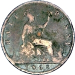 1868 UK halfpenny value, Victoria, bun head