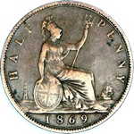 1869 UK halfpenny value, Victoria, bun head