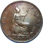 1870 UK halfpenny value, Victoria, bun head