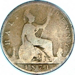 1871 UK halfpenny value, Victoria, bun head