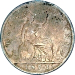1873 UK halfpenny value, Victoria, bun head, no hemline