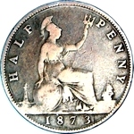 1873 UK halfpenny value, Victoria, bun head, with hemline