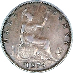 1874 (L) UK halfpenny value, Victoria, bun head, narrow date