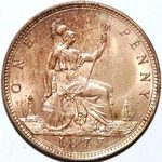 1877 UK penny value, Victoria, bun head, large date
