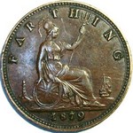 1879 UK farthing value, Victoria, bun head, large 9