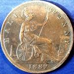 1889 UK halfpenny value, Victoria, bun head, 9 over 8