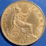 1893 UK halfpenny value, Victoria, bun head