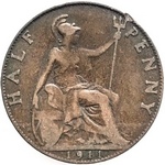 1911 UK halfpenny value, George V, hollow neck