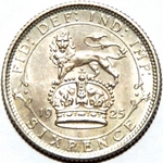 1925 UK sixpence value, George V, broader rim