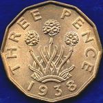 1938 UK threepence value, George VI, brass