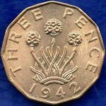 1942 UK threepence value, George VI, brass