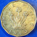 1943 UK threepence value, George VI, brass