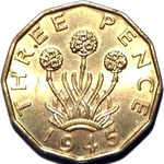 1945 UK threepence value, George VI, brass