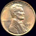 1951 P US penny, Lincoln wheat