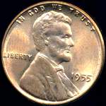 1955 P US penny, Lincoln wheat
