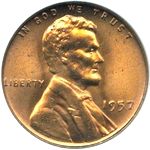 1957 P US penny, Lincoln wheat