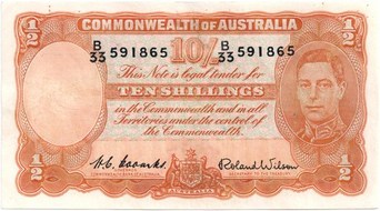 Australian Coombs / Wilson ten shilling banknote values, FYOI 1952