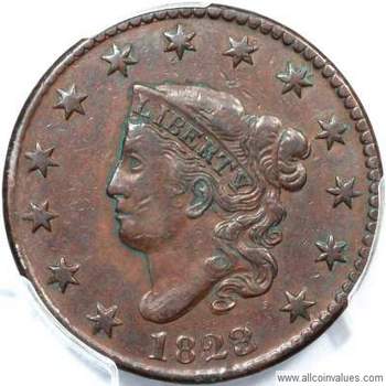 1823 USA penny value, coronet head, 3 over 2