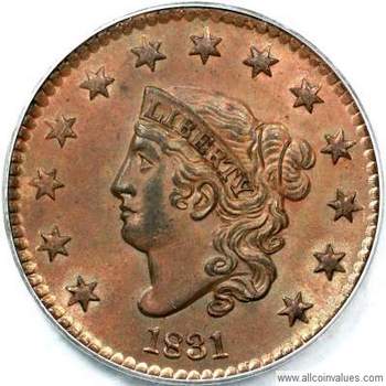 1831 USA penny value, coronet head, medium letters