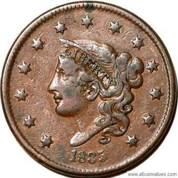 1835 US one cent (penny) value, coronet head, head of 1836