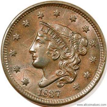 1837 USA penny value, coronet head, head of 1838