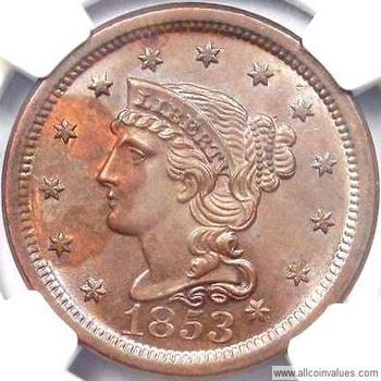 1853 US one cent (penny) value, braided hair